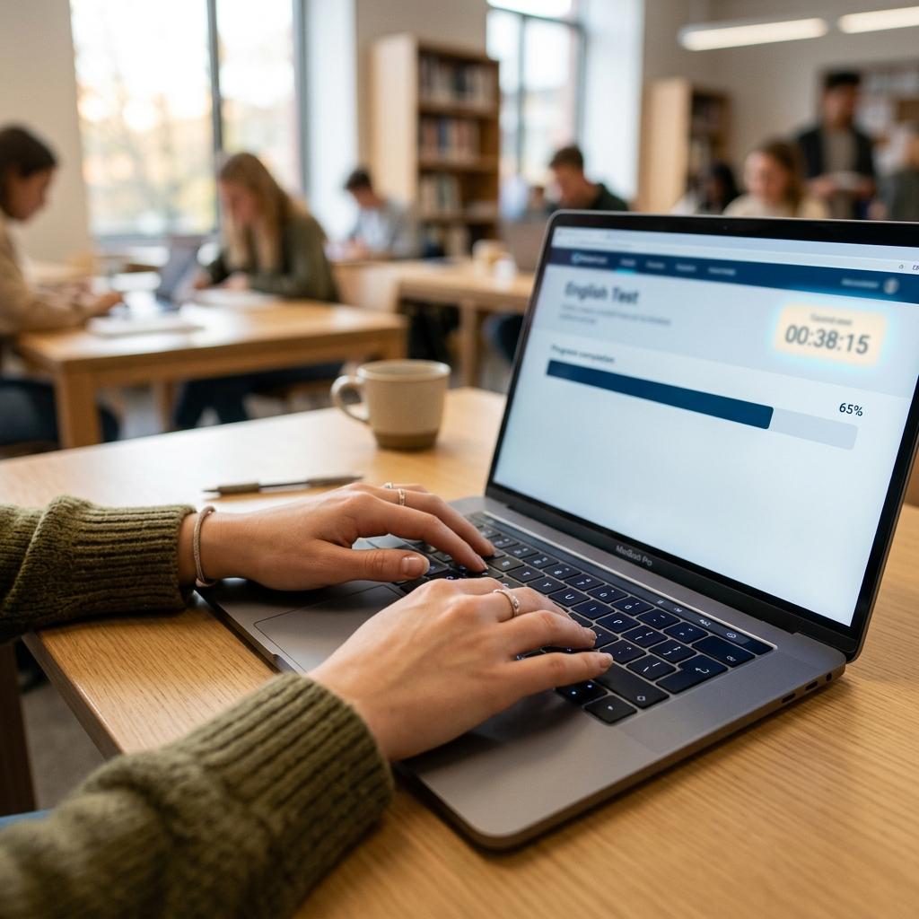 Student reviewing exam progress on a digital setup